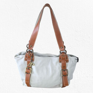 Y2K Robert Pietri White Tan Pebbled Genuine Leather Spacious Tote Shoulder Bag